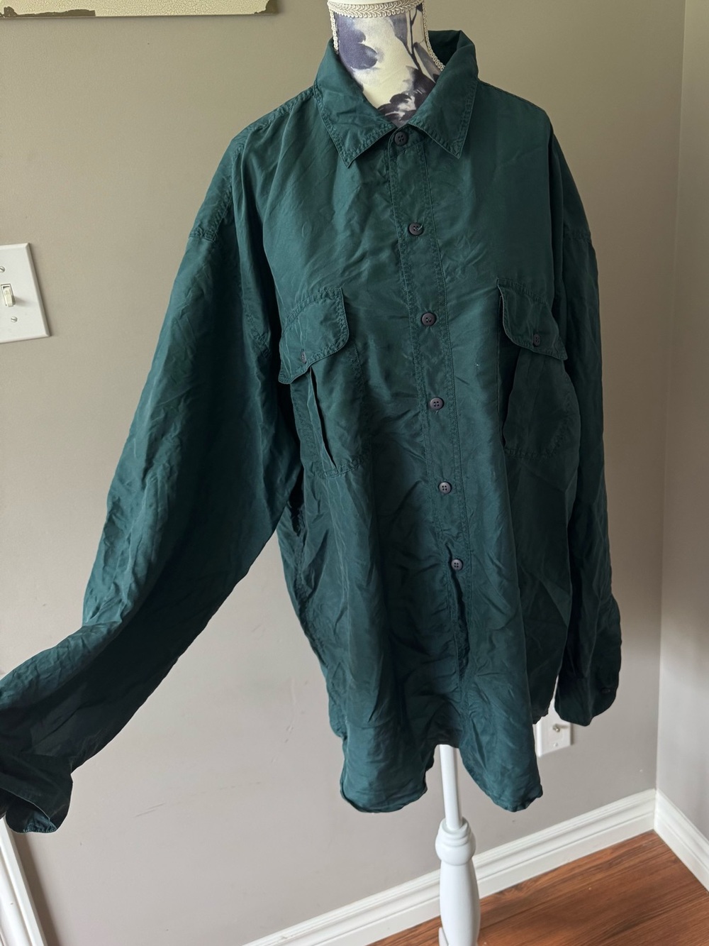 Vintage Silk Lightweight Forest Green Button-Front Shirt